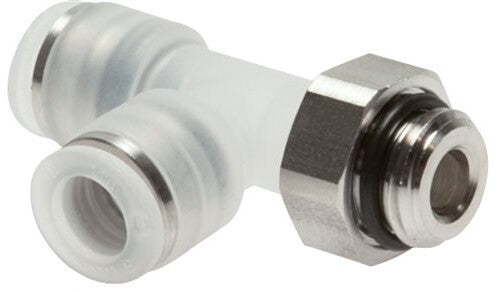 Racor en T en ángulo recto de 10mm x R1/4'' con rosca macho PA/Acero inoxidable EPDM Giratorio FDA