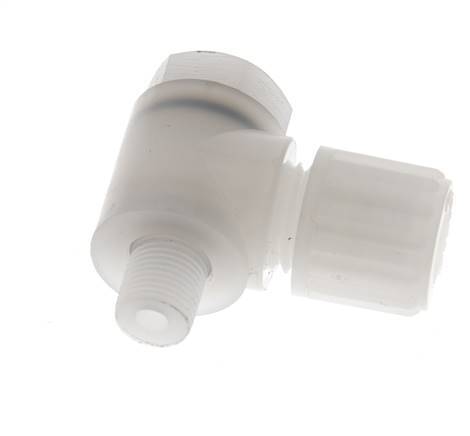 Accesorio de compresión acodado de PVDF 8x6 mm y G1/8'' con rosca macho y perno banjo 10 bar