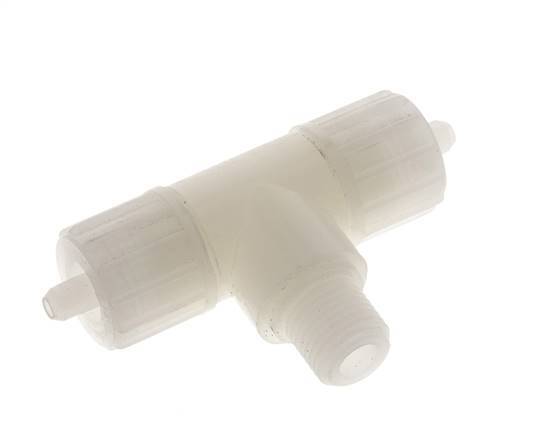 Racor de compresión en T de PVDF 10x4mm y G1/4'' con rosca macho 10 bar PVC y PA