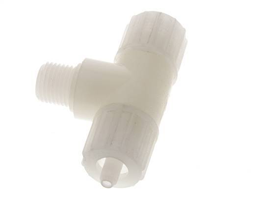 Racor de compresión en T de PVDF 10x4mm y G1/4'' con rosca macho 10 bar PVC y PA