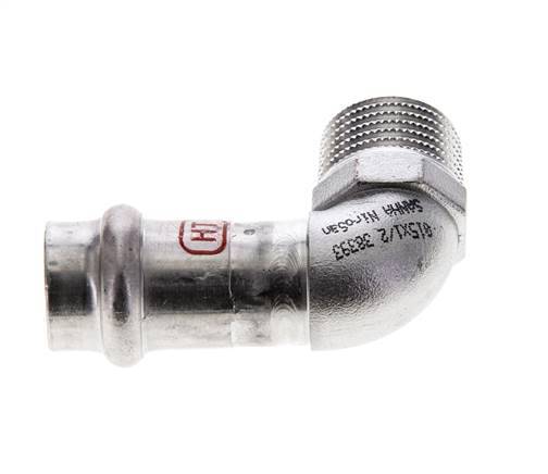 Racor a presión codo de 90 grados - 15 mm hembra y R 1/2'' macho - Acero inoxidable