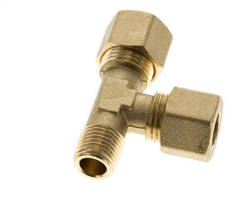 Accesorio de compresión en T en ángulo recto de latón de 10 mm y R1/4'' con rosca macho 95 bar DIN EN 1254-2
