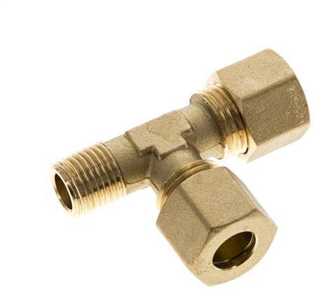Accesorio de compresión en T en ángulo recto de latón de 10 mm y R1/4'' con rosca macho 95 bar DIN EN 1254-2