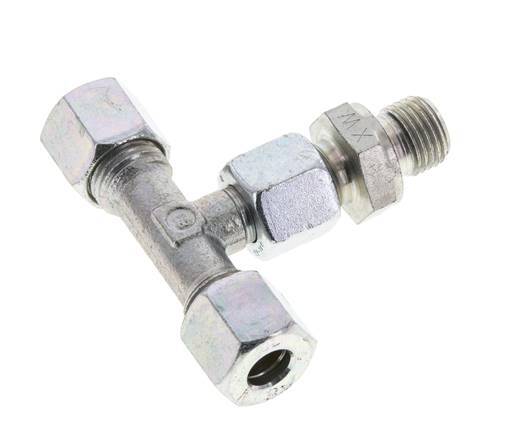 Racor de corte en T de acero galvanizado 8L y G1/4'' con rosca macho 315 bar ajustable ISO 8434-1