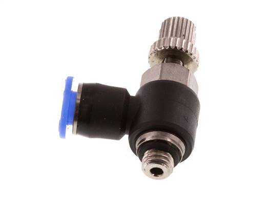 Codo de salida del silenciador de control de flujo 4 mm - M5 Latón/PBT