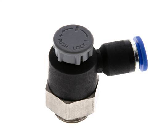 Válvula reguladora de caudal Codo de salida de contador 6 mm - G1/4'' Latón/PA 66 Tuerca de seguridad