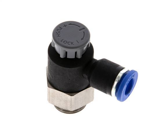 Válvula reguladora de caudal Codo de salida de contador 6 mm - G1/4'' Latón/PA 66 Tuerca de seguridad