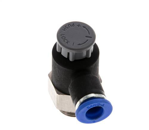 Válvula reguladora de caudal Codo de salida de contador 6 mm - G1/4'' Latón/PA 66 Tuerca de seguridad