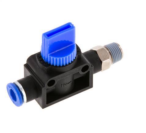 Válvula manual de cierre de 3/2 vías 6 mm - R1/8'' Plástico/Latón Ventilación por el lado de la rosca