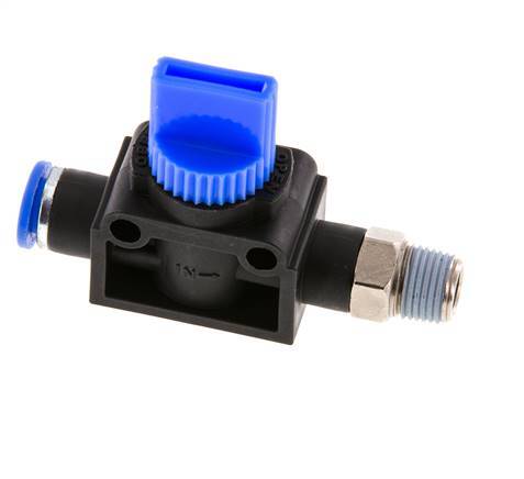 Válvula manual de cierre de 3/2 vías 6 mm - R1/8'' Plástico/Latón Ventilación por el lado de la rosca