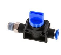 Válvula manual de cierre de 3/2 vías 6 mm - R1/8'' Plástico/Latón Ventilación por el lado de la rosca