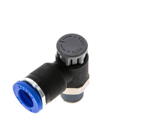 Válvula reguladora de caudal Codo de salida de contador 8 mm - R1/8'' Latón/PA 66 Tuerca de seguridad