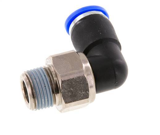 Codo de 10 mm y R3/8'' Junta giratoria con rosca macho Latón niquelado/PBT NBR Giratorio
