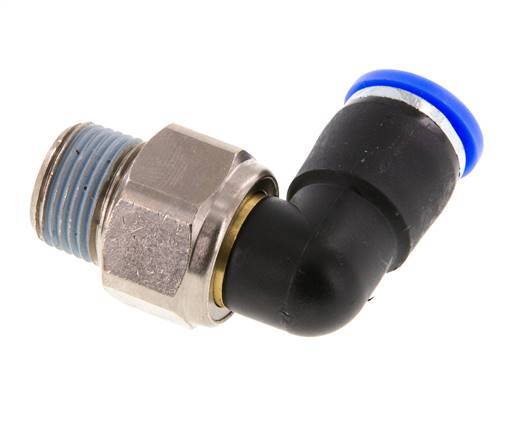Codo de 10 mm y R3/8'' Junta giratoria con rosca macho Latón niquelado/PBT NBR Giratorio