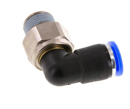 Codo de 10 mm y R3/8'' Junta giratoria con rosca macho Latón niquelado/PBT NBR Giratorio