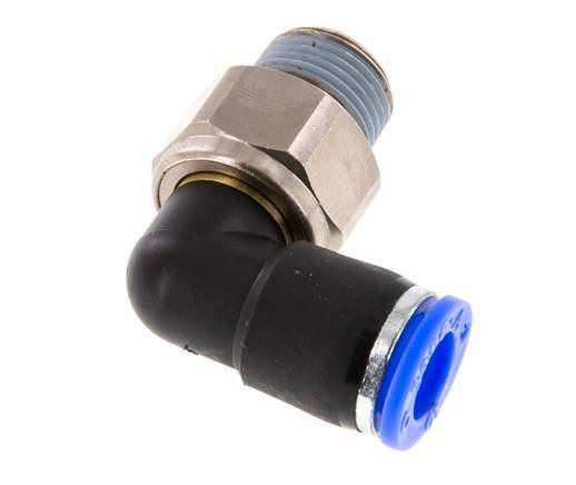 Codo de 10 mm y R3/8'' Junta giratoria con rosca macho Latón niquelado/PBT NBR Giratorio
