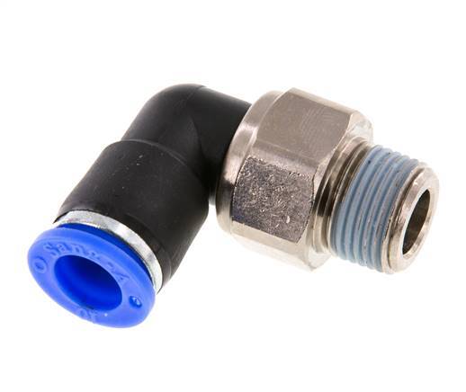 Codo de 10 mm y R3/8'' Junta giratoria con rosca macho Latón niquelado/PBT NBR Giratorio