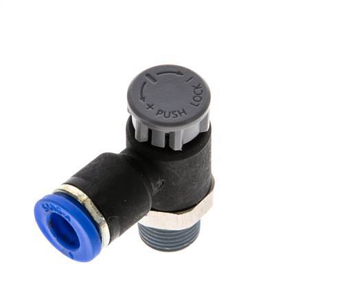 Válvula reguladora de caudal Codo de salida de contador 6 mm - R1/8'' Latón/PA 66 Tuerca de seguridad