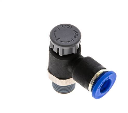Válvula reguladora de caudal Codo de salida de contador 6 mm - R1/8'' Latón/PA 66 Tuerca de seguridad