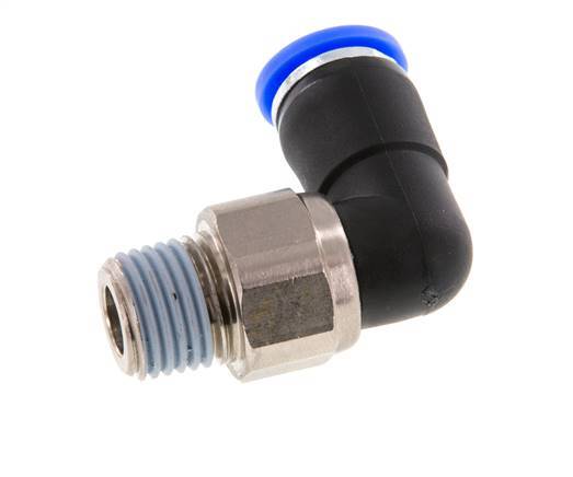 Codo de 8 mm y R1/4'' Junta giratoria con rosca macho Latón niquelado/PBT NBR Giratorio