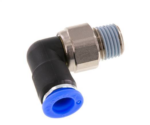 Codo de 8 mm y R1/4'' Junta giratoria con rosca macho Latón niquelado/PBT NBR Giratorio