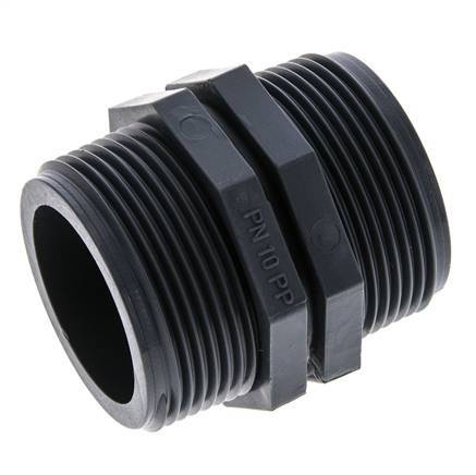 Espiga doble G1 1/2'' Polipropileno (pp) 10bar (140.5psi) FDA 54mm Hex.