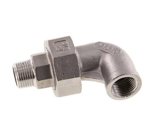 Conector acodado 90deg 3/8'' Macho R x Hembra Rp Acero inoxidable Junta cónica 16bar (224.8psi)