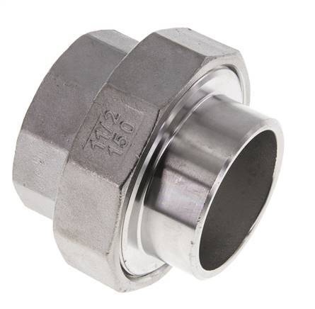 Racor recto de unión Rp1 1/2'' Hembra x 48,3mm Extremo para soldar Acero inoxidable Junta plana PTFE 150bar (2107,5psi)