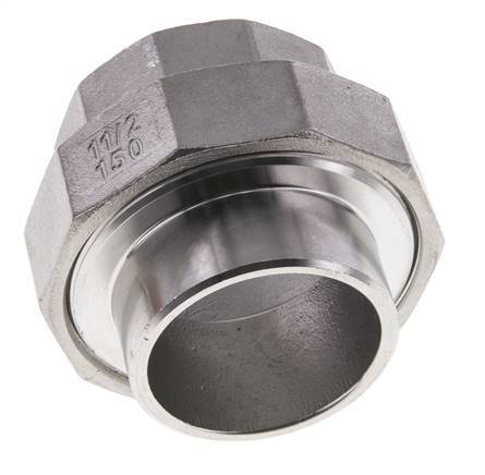 Racor recto de unión Rp1 1/2'' Hembra x 48,3mm Extremo para soldar Acero inoxidable Junta plana PTFE 150bar (2107,5psi)