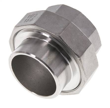 Racor recto de unión Rp1 1/2'' Hembra x 48,3mm Extremo para soldar Acero inoxidable Junta plana PTFE 150bar (2107,5psi)