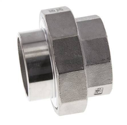 Racor recto de unión Rp1 1/2'' Hembra x 48,3mm Extremo para soldar Acero inoxidable Junta plana PTFE 150bar (2107,5psi)