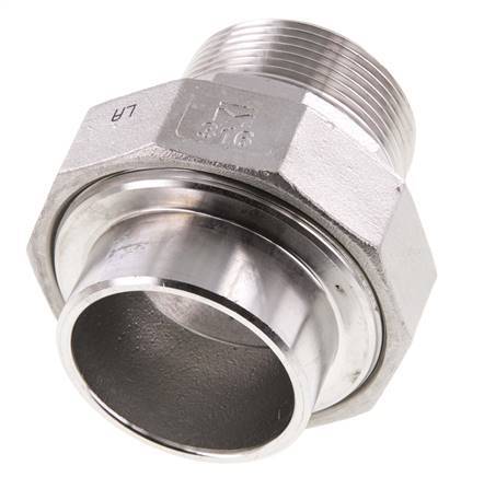 Racor recto de unión R1 1/2'' Macho x 48,3mm Extremo para soldar Acero inoxidable Junta plana PTFE 16bar (224,8psi)