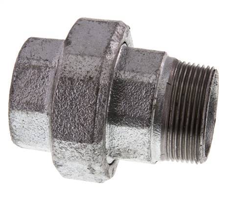 Rp 1 1/2'' x R 1 1/2'' F/M Hierro fundido zincado Espiga doble de 3 piezas con cierre cónico 25 Bar