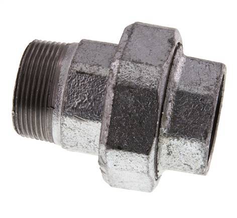 Rp 1 1/2'' x R 1 1/2'' F/M Hierro fundido zincado Espiga doble de 3 piezas con cierre cónico 25 Bar