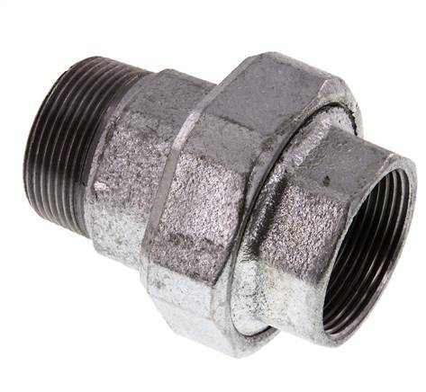 Rp 1 1/2'' x R 1 1/2'' F/M Hierro fundido zincado Espiga doble 3 piezas con junta plana 25 Bar