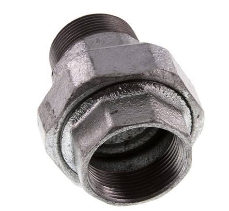 Rp 1 1/2'' x R 1 1/2'' F/M Hierro fundido zincado Espiga doble 3 piezas con junta plana 25 Bar