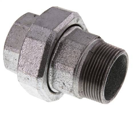 Rp 1 1/2'' x R 1 1/2'' F/M Hierro fundido zincado Espiga doble 3 piezas con junta plana 25 Bar