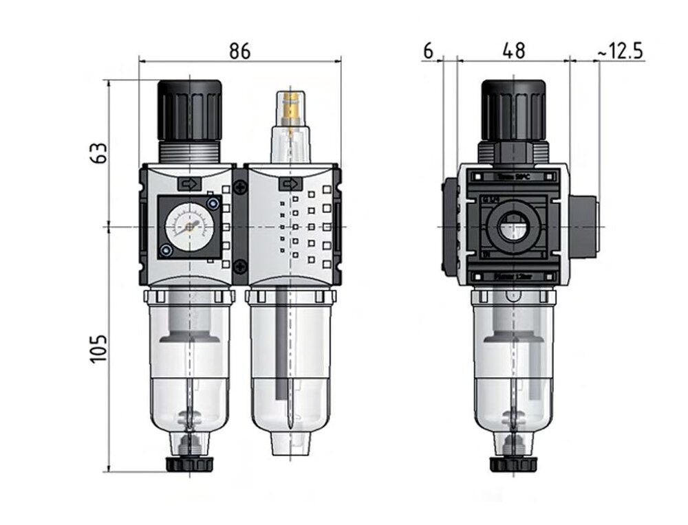 FRL 2 Partes G1/4'' 800l/min 0.2-4.0bar/3-58psi Auto Policarbonato Futura 0