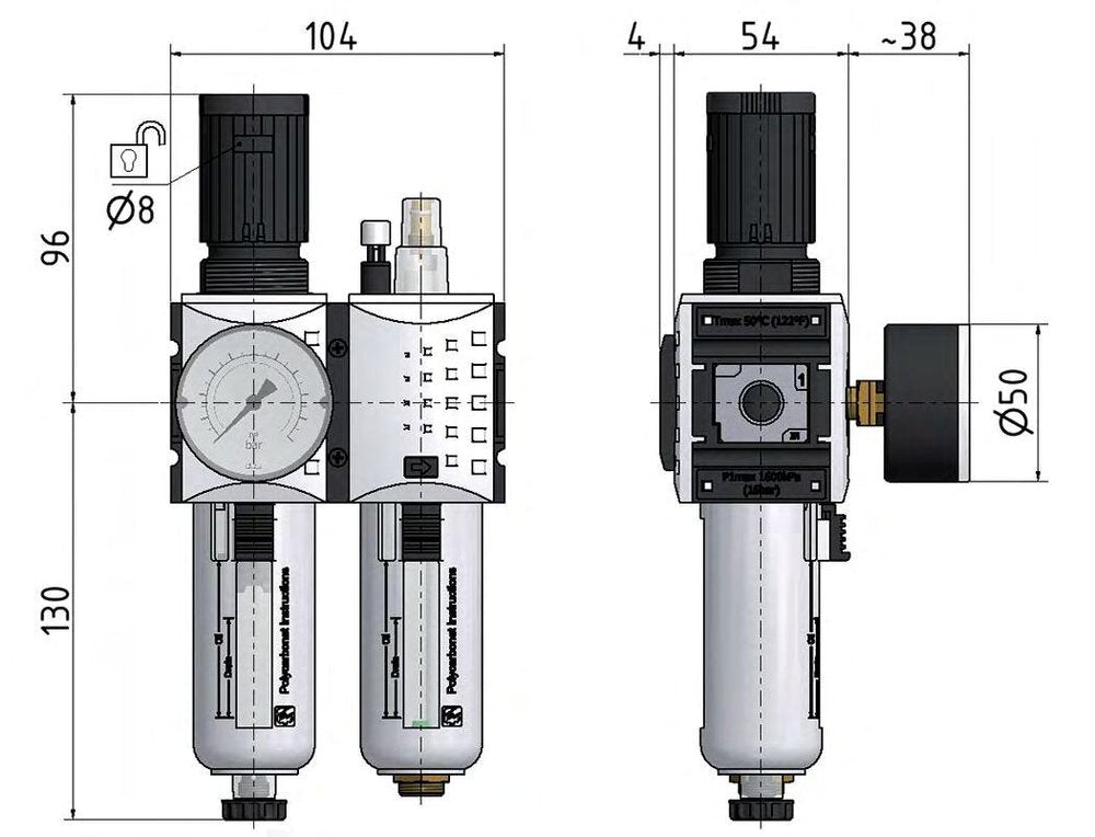 FRL 2 Partes G1/4'' 1750l/min 0.5-10.0bar/7-145psi Auto Metal Futura 1
