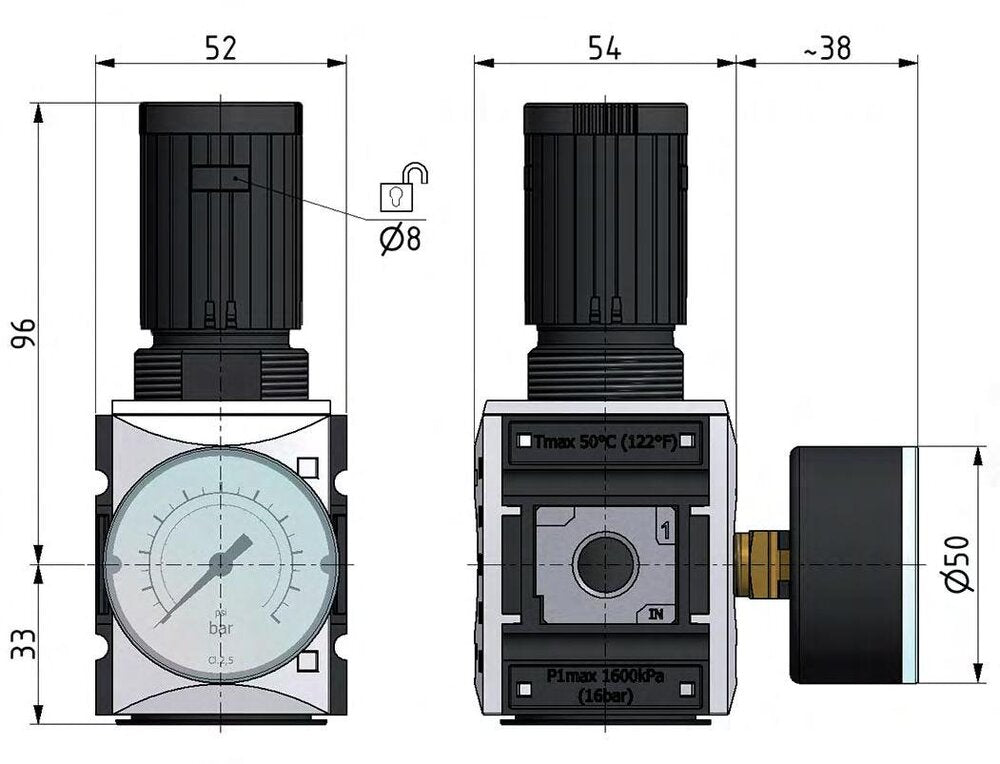 Pressure Regulator G3/8'' 2500 l/min 0.5-8.0bar/7-116psi PA Safety Futura 1