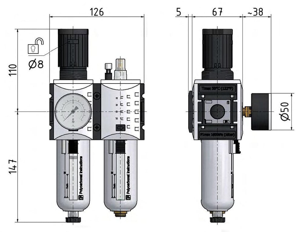 FRL G1/2'' 3500l/min 0,1-2,0bar/1-29psi Futura 2