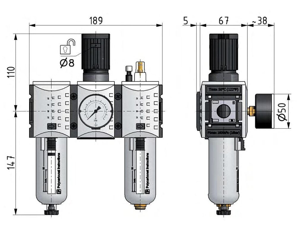 FRL 3 Partes G1/2'' 3500l/min 0.5-8.0bar/7-116psi Semi-Auto Metal Futura 2