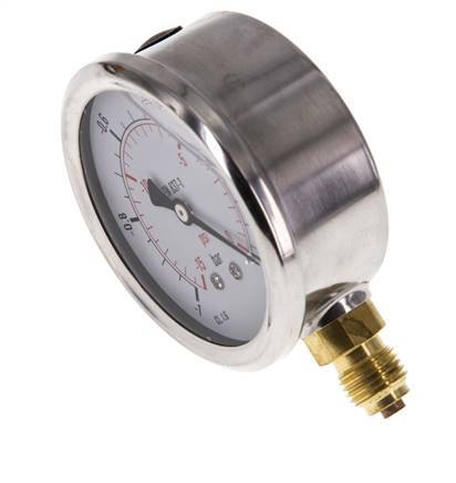 -1..0 Bar (-15..0 psi) Manómetro de glicerina Abajo Acero inoxidable/Latón 63 mm Clase 1.6