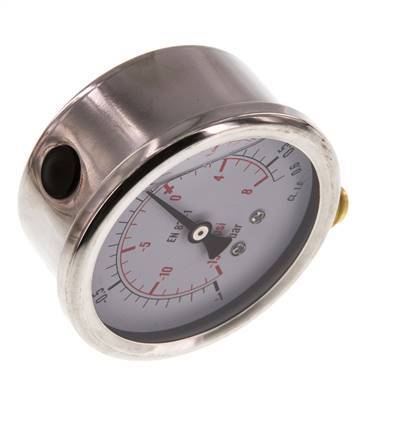 -1..0.6 Bar (-15..9 psi) Manómetro de glicerina por debajo Acero inoxidable/latón 63 mm Clase 1.6