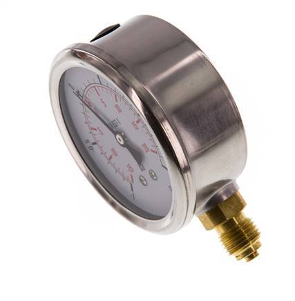 -1..1.5 Bar (-15..22 psi) Manómetro de glicerina por debajo Acero inoxidable/latón 63 mm Clase 1.6