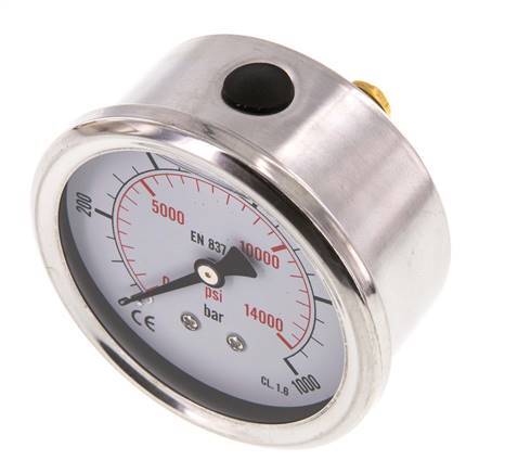 0..1000 Bar (0..14504 psi) Manómetro de glicerina Parte trasera Acero inoxidable/Latón 63 mm Clase 1.6