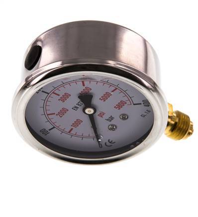 0..400 Bar (0..5802 psi) Manómetro de glicerina Abajo Acero inoxidable/Latón 63 mm Clase 1.6