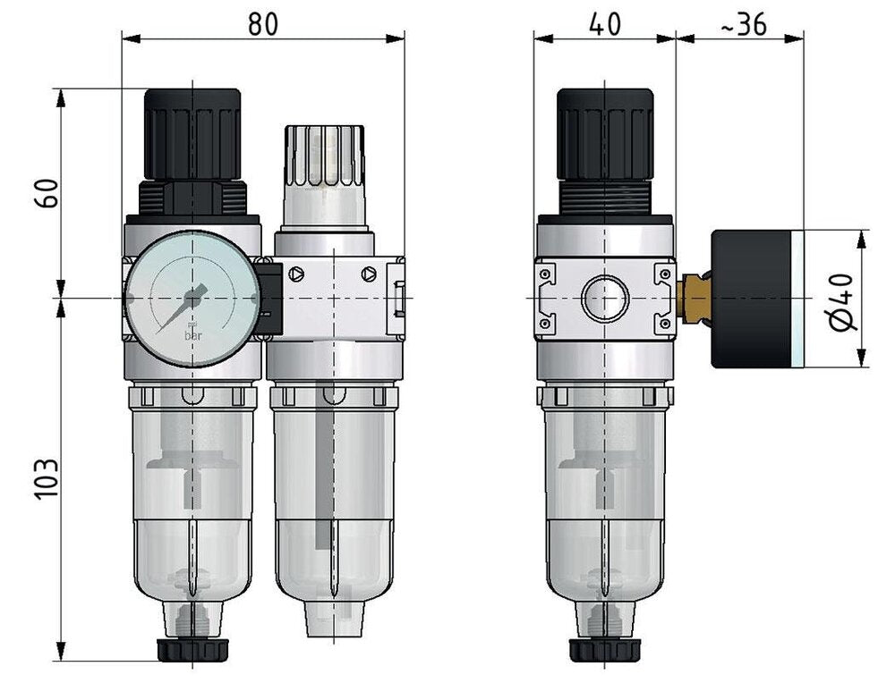 FRL 2-Partes G1/4'' 700l/min 0.5-10.0bar/7-145psi Semi-Auto 40 mm Manómetro con Cilindro de Bloqueo Policarbonato Multifix 0