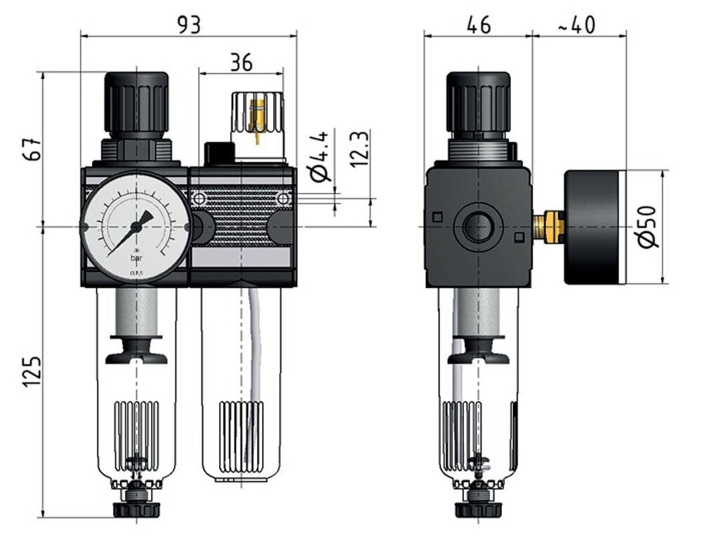 FRL 2 Partes G3/8'' 1200l/min 0.5-10.0bar/7-145psi Auto Policarbonato Multifix 1