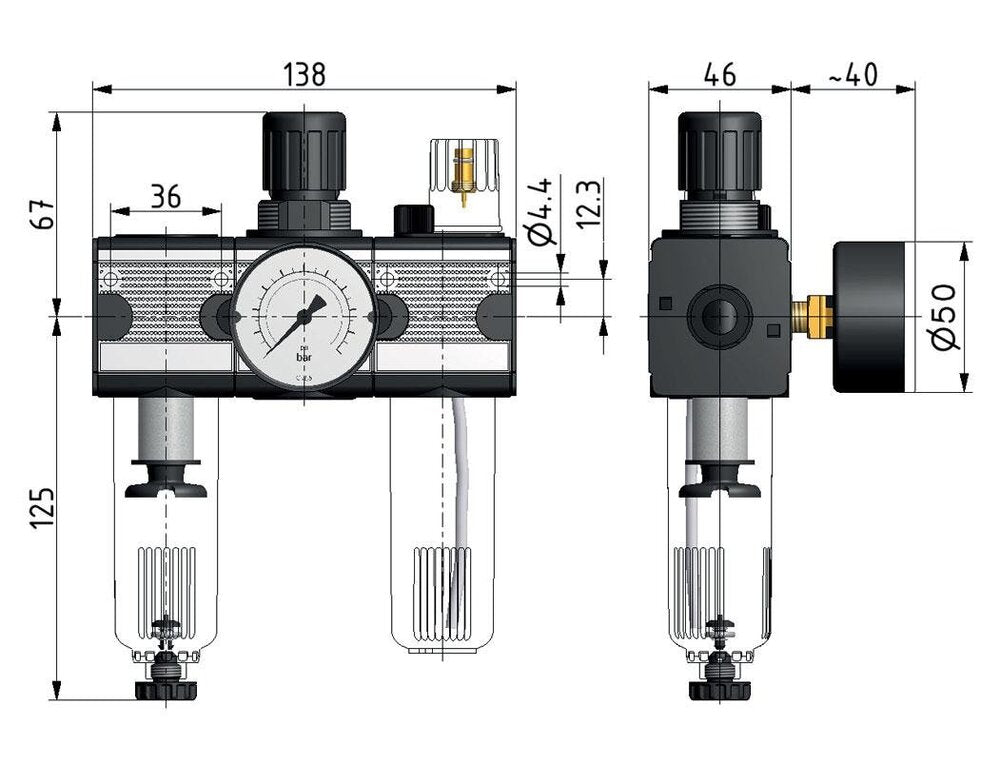 FRL 3 Partes G1/4'' 1200l/min 0.5-16.0bar/7-232psi Semi-Auto Policarbonato Multifix 1
